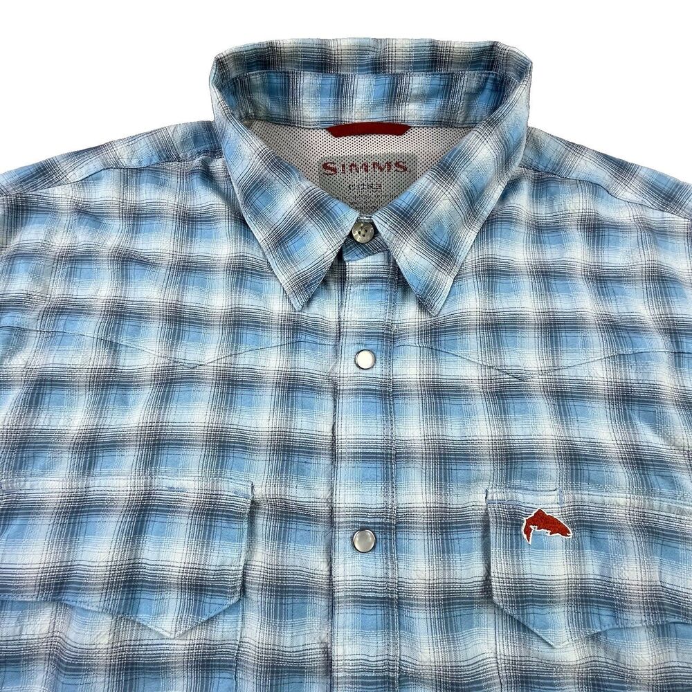 Simms Fishing Shirt Men XL Blue Plaid Pearl Snap COR3 Vented Outdoor Lightweight